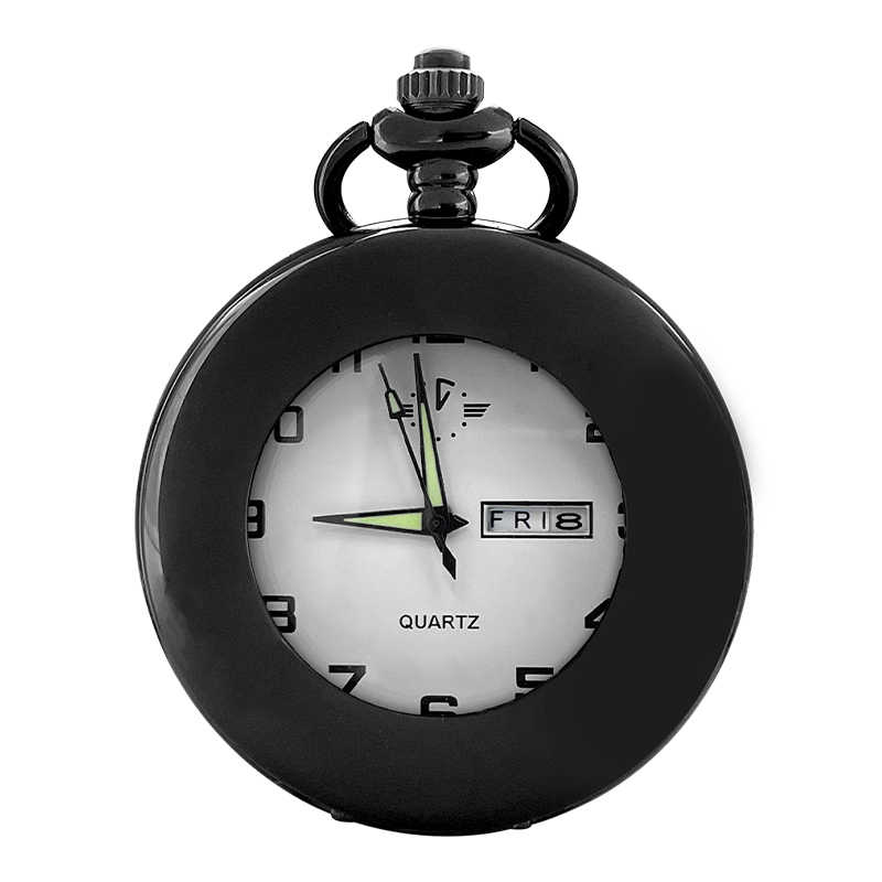 Boshiya High-Sales Skeletonized Black Dual Calendar Luminous Quartz Pocket watch With Chain for men