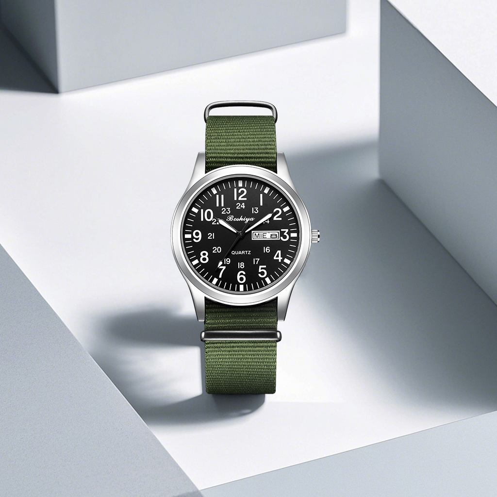 Boshiya Men's Watch Unisex Sports Nylon Strap Fashionable Luminous Quartz Watch Men's Waterproof Casual Watch